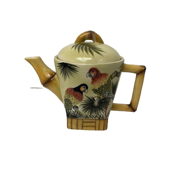 Pacific Rim Ceramic Tea Pot Hand Painted Parrots Palm Trees Bamboo 8.5" - Picture 1 of 11